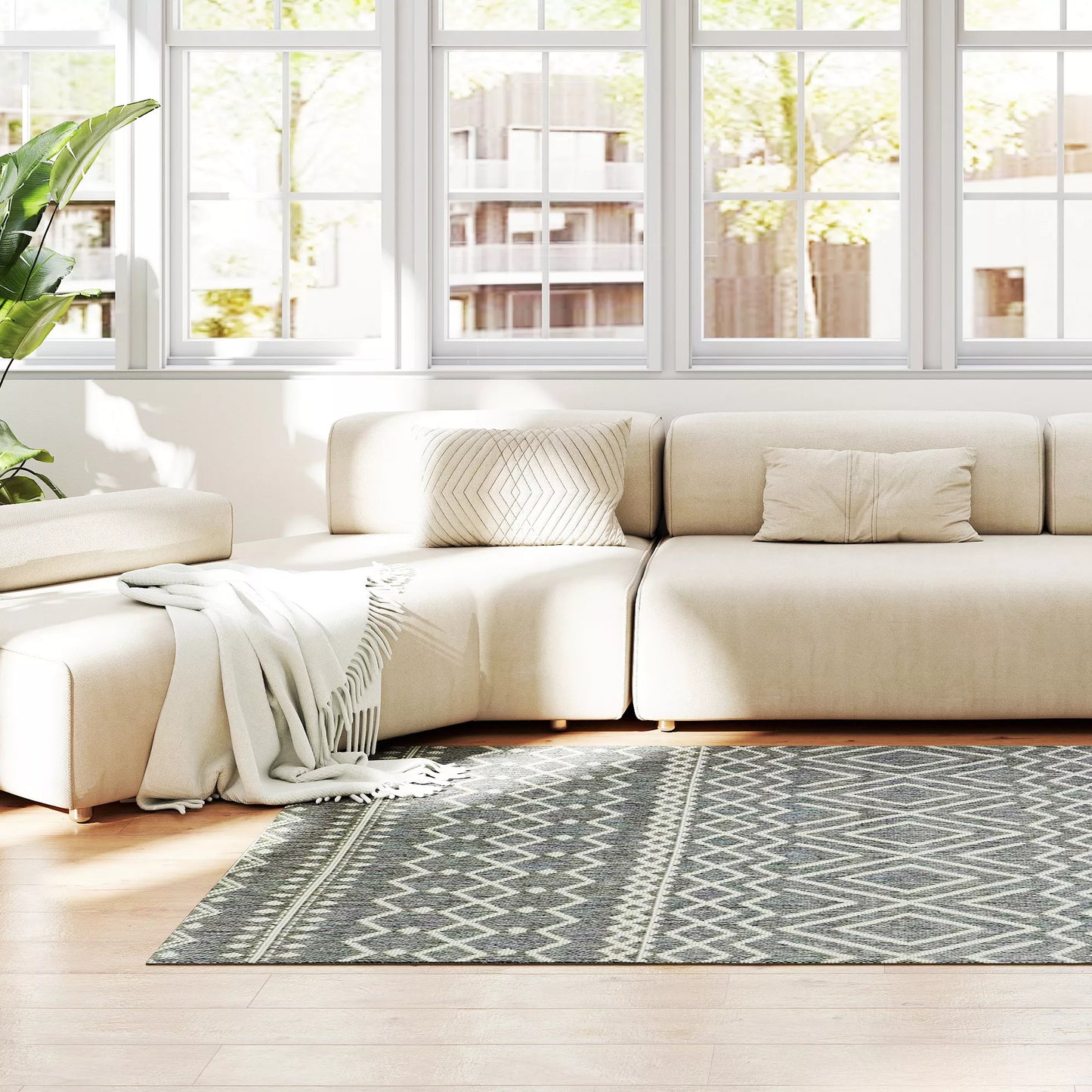 Pilkas lauko ir vidaus kilimas, Boho dizainas, lengvai valomas