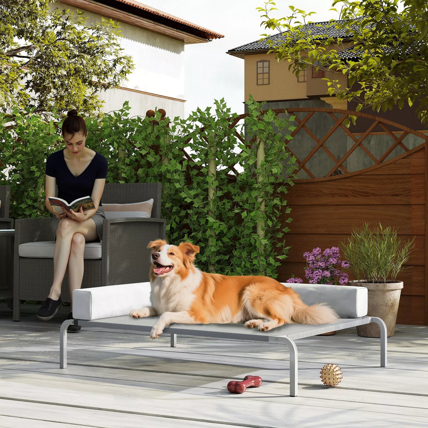 Šunų guolis lauke, pakeltas šunų guolis vidutinio dydžio šunims, su L formos pagalvėmis 110x75x30 cm, šviesiai pilkos spalvos