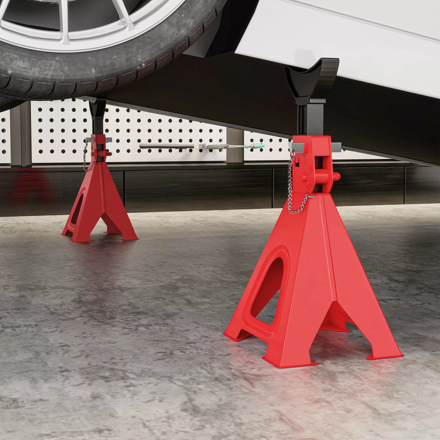 Atraminis stovas 6 tonų keliamosios galios, 2 vnt., su 2 fiksavimo kaiščiais, reguliuojamas aukštis, raudonas