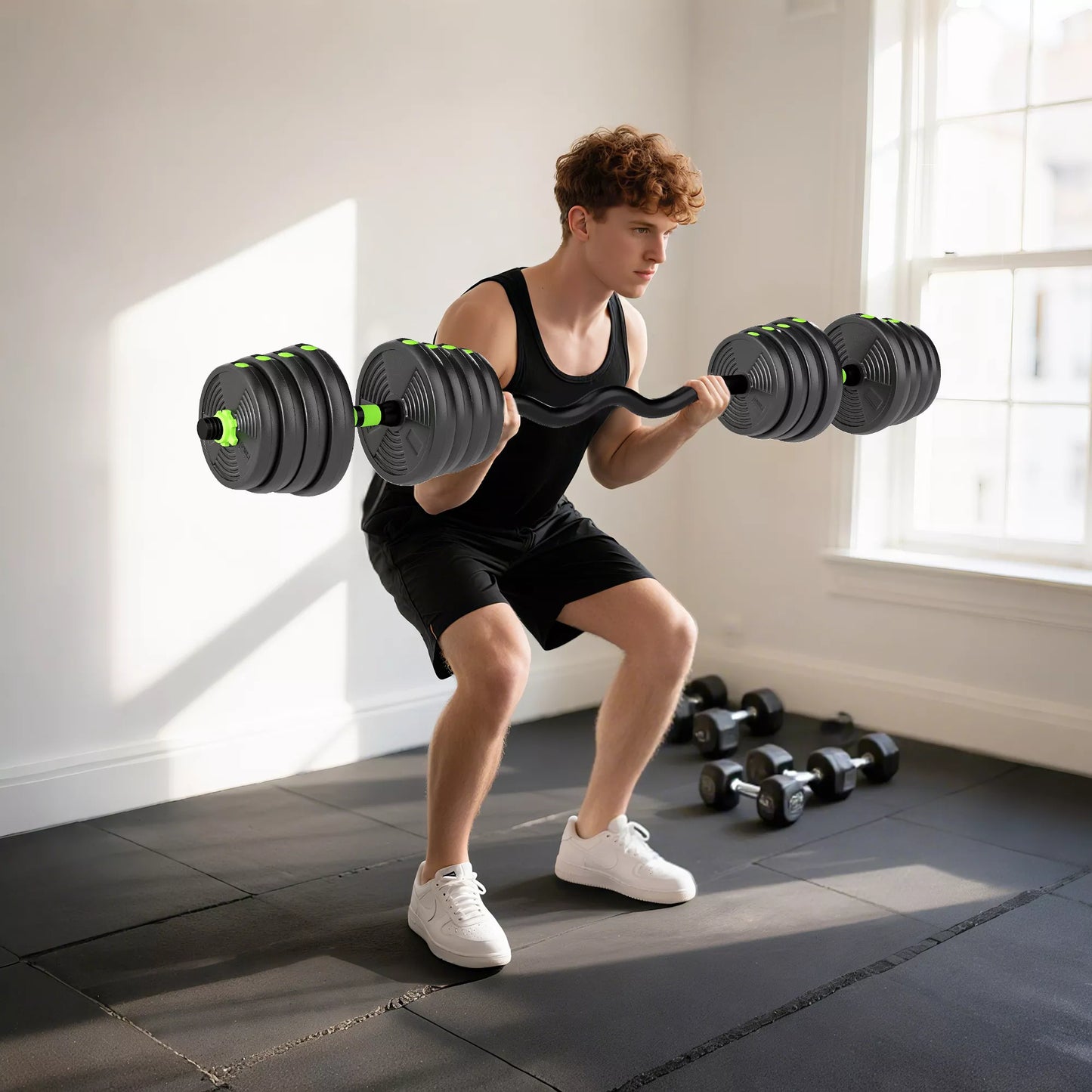 Reguliuojamas 30 KG svarmenų rinkinys. Tinka trumposioms ir ilgosioms štangoms, svarmenims – viskas jėgos treniruotėms.