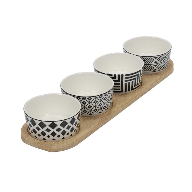 Medinis serviravimo padėklas 37×10 cm su 4 indeliais