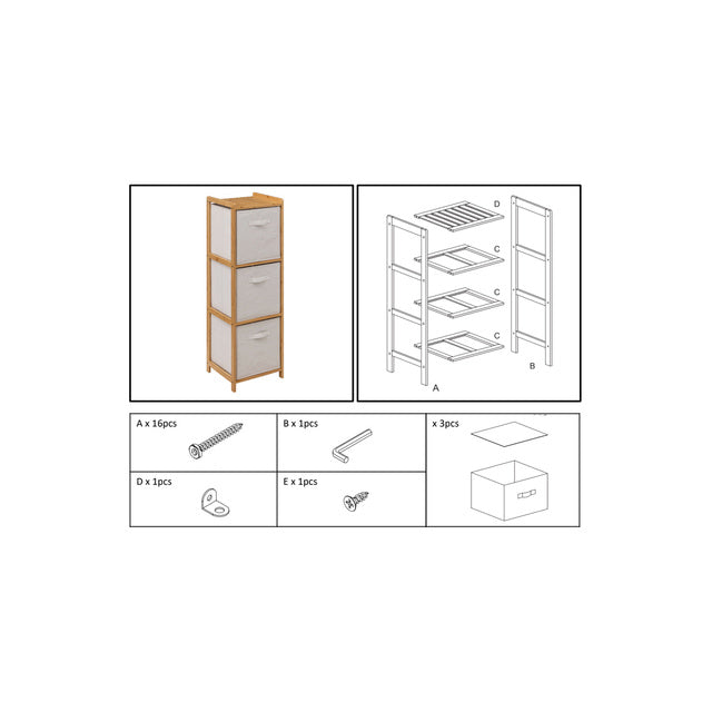 Bambukinė lentyna Bamboo Tidy, 109,5 cm, su 3 medžiaginiais krepšeliais