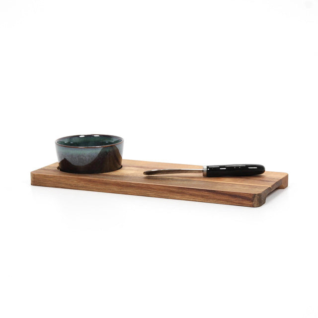 Užkandžių padėklas su keraminiu dubenėliu ir peiliuku, 30×12 cm