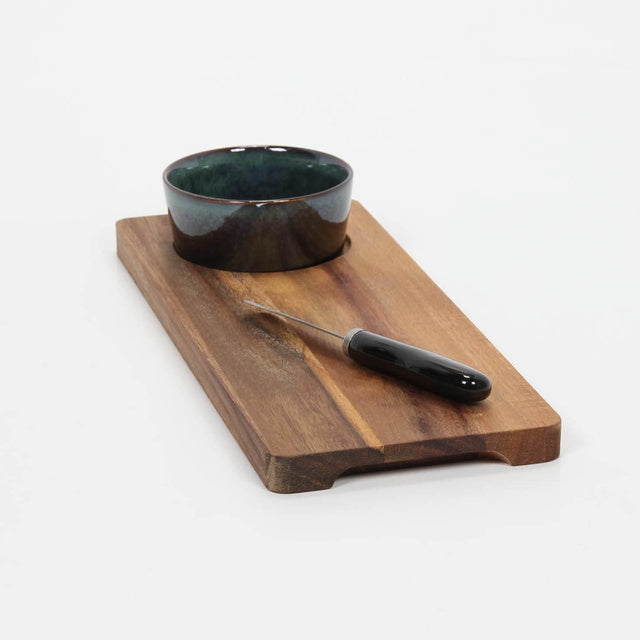 Užkandžių padėklas su keraminiu dubenėliu ir peiliuku, 30×12 cm