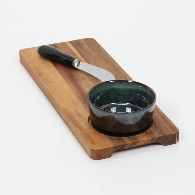 Užkandžių padėklas su keraminiu dubenėliu ir peiliuku, 30×12 cm