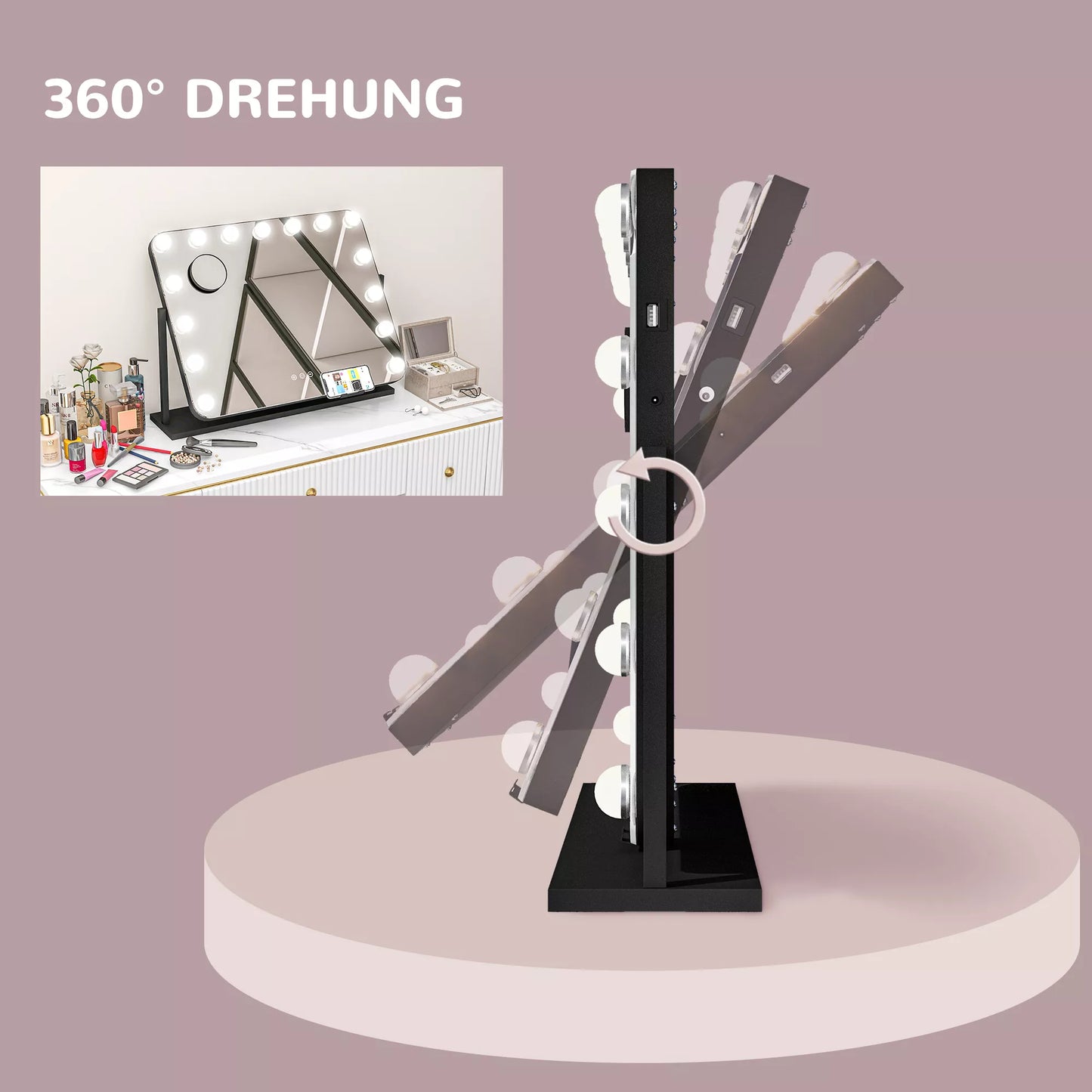 HOMCOM LED kosmetinis veidrodis, 3 apšvietimo režimai, pritemdomas, su lietimui jautriu valdymu, USB, 62,5x49,5cm, juodas