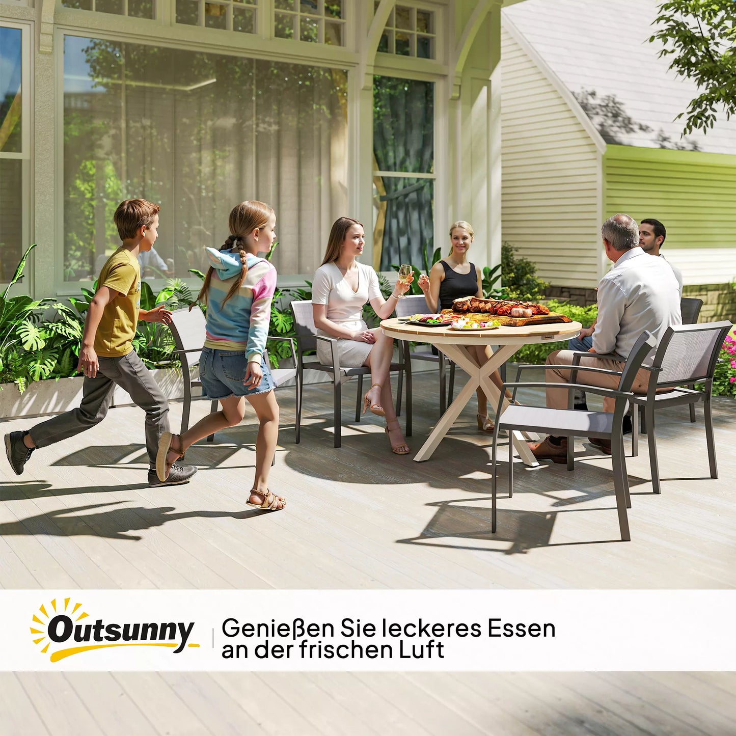 Sodo stalas Ø118 cm, atsparus atmosferos poveikiui, aliuminis balkono stalas, pagalbinis stalas su kryžminėmis kojomis, lentų dizainas, tiko mediena