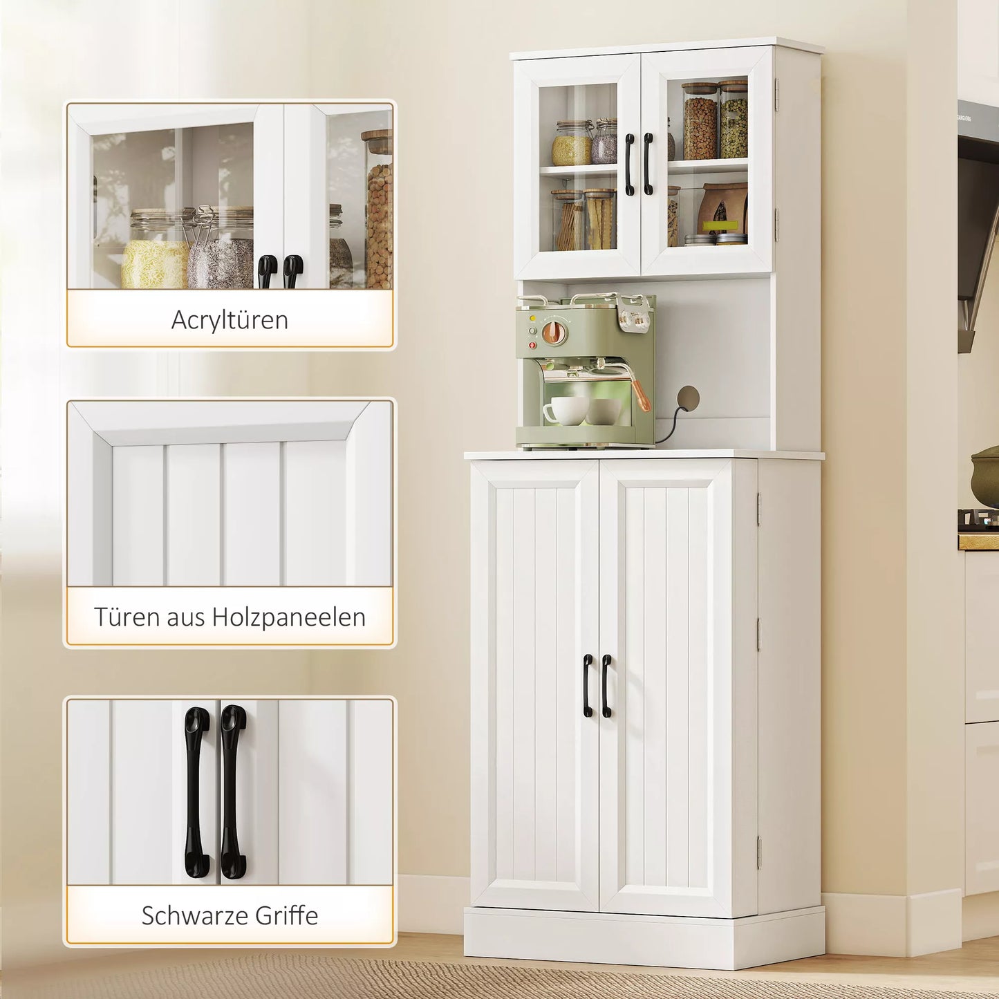 Virtuvės spintelė, reguliuojama lentyna, stalviršis, akrilinės durys, kabelio anga, skirta svetainei, virtuvei, valgomajam, MDF, balta