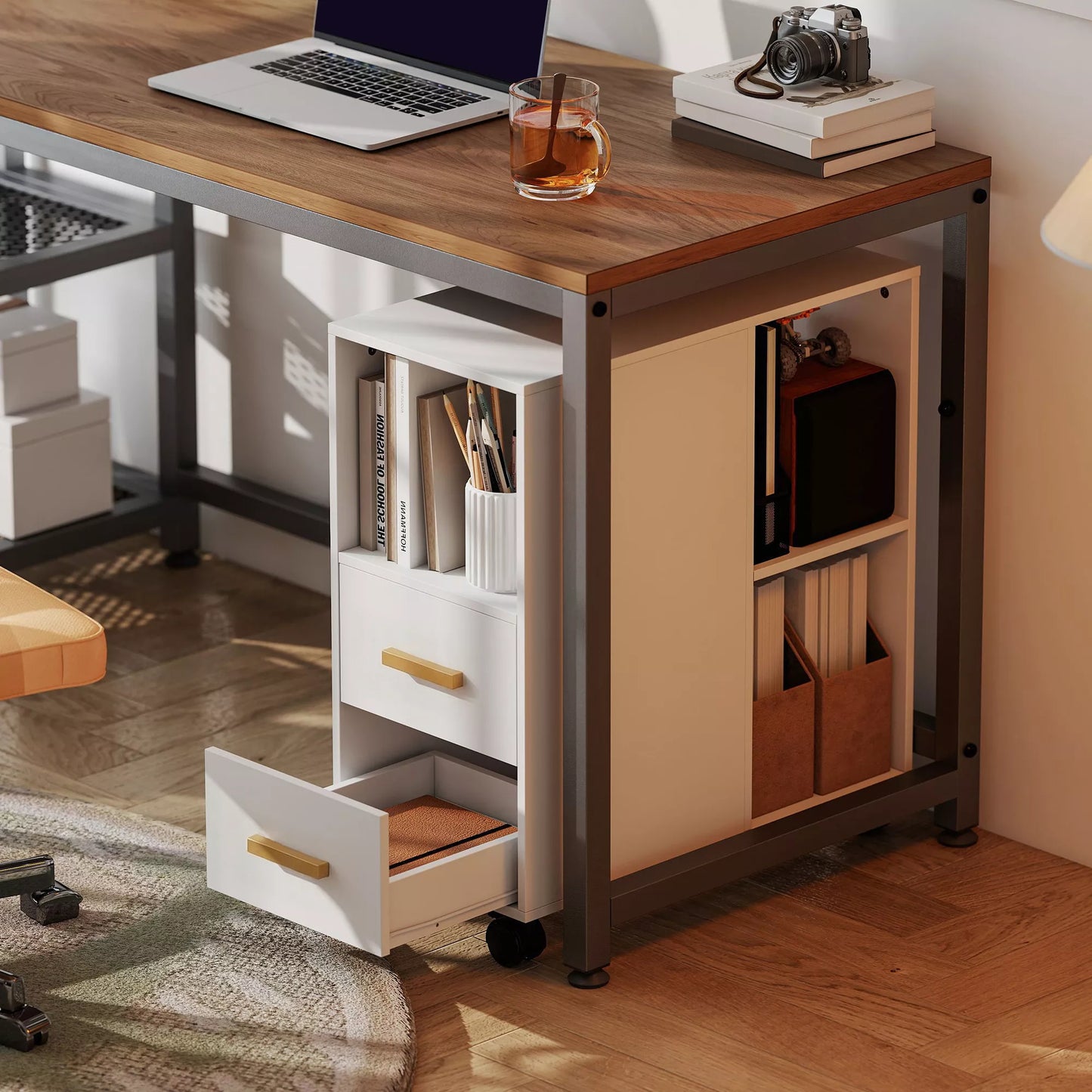 Spausdintuvo staliukas su reguliuojama lentyna, biuro stovas ant ratukų faksui ir skeneriui, mdf ir metalas, 60x30x65 cm, balta