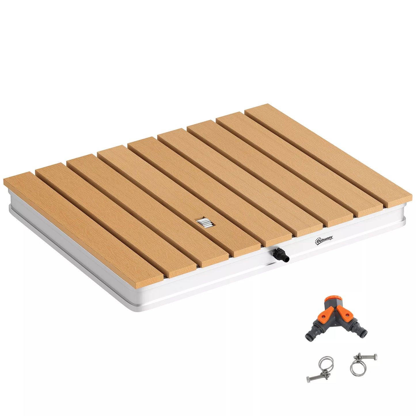 Sodo grindų dušas su reguliuojamu kojiniu pedalėliu, aliuminio, fontano aukštis iki 4 m, 70 x 55 cm, natūralaus medžio