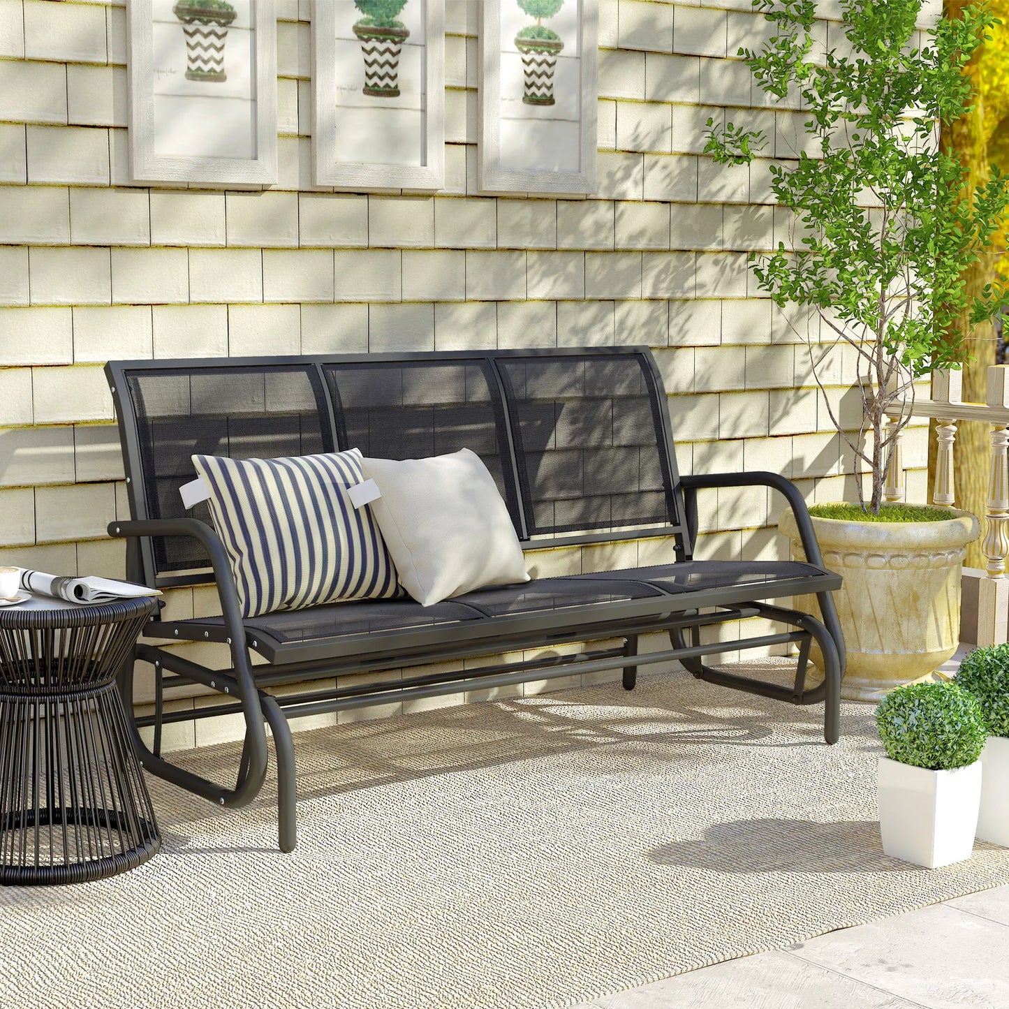 3 vietų supynės kėdė Sodo suolas su supynės mechanizmu Sodo supynės Metalinė suoliuko konstrukcija Parko suoliukas, kurio apkrova iki 300 kg Sodo baldai sodui, terasai, 147 x 70 x 85 cm Tamsiai pilkos spalvos