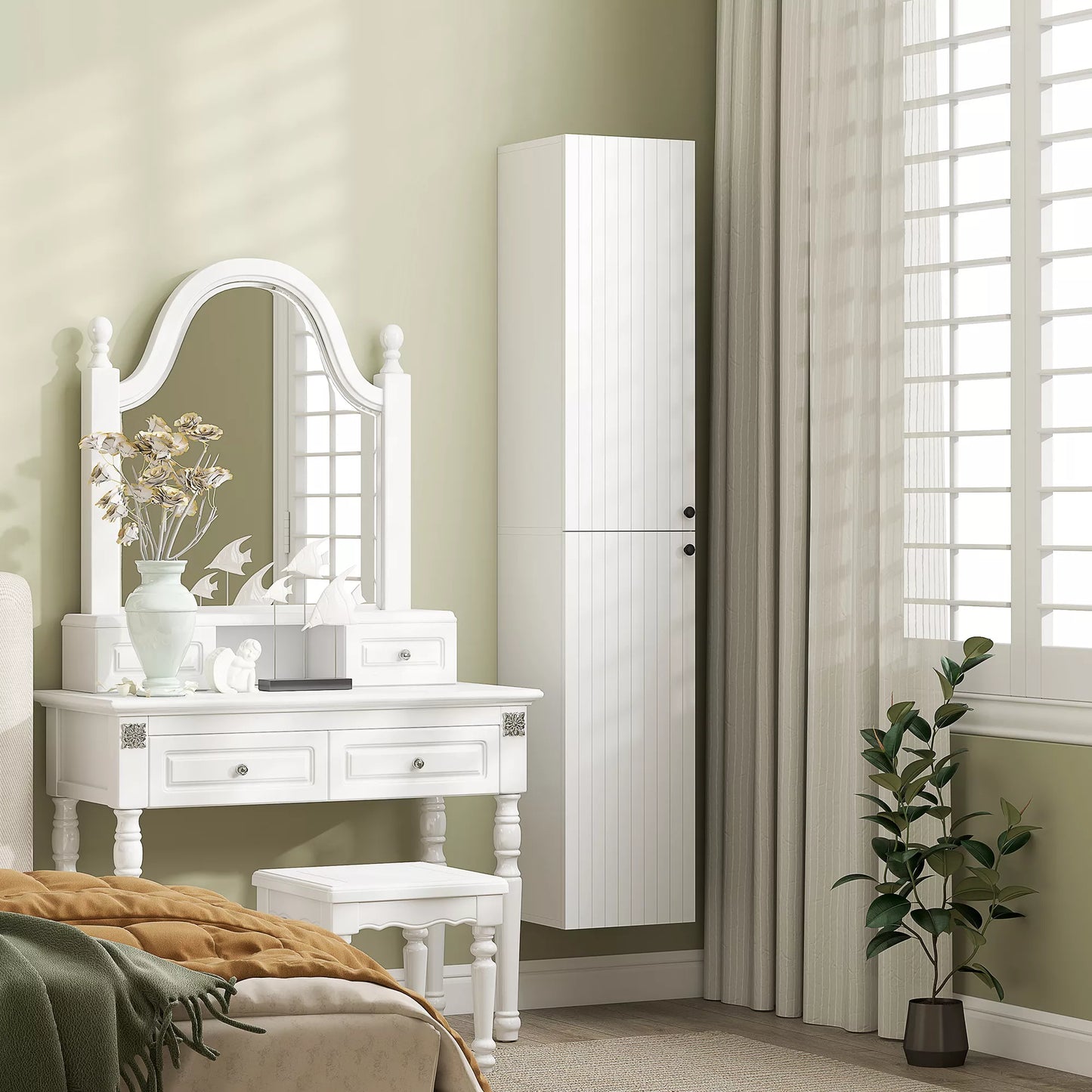 Sieninė vonios spintelė, lakuotas paviršius, 6 lentynos, MDF, balta