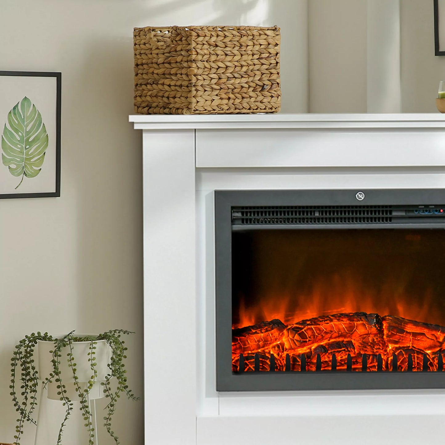 Elektrinis židinys, 3D LED liepsnos, nuotolinio valdymo pultelis, laikmatis, MDF, baltas