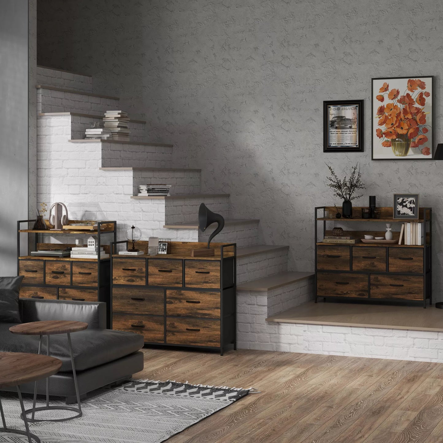 Komoda, spintelė su 7 audinių stalčiais, pramoninis dizainas, plieninis rėmas, 98x29x85cm, ruda/juoda