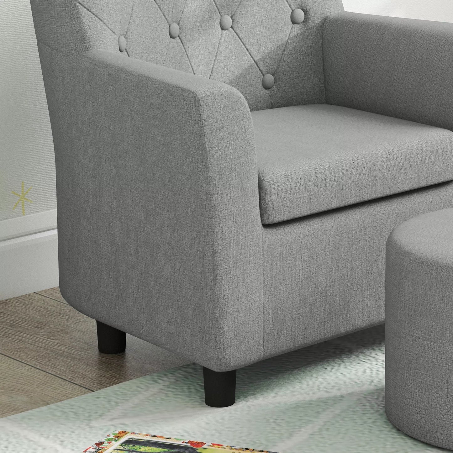 Vaikų fotelis su pufiku, atlošas su rombų raštu, minkšta sėdynė, medinis rėmas, pilkas