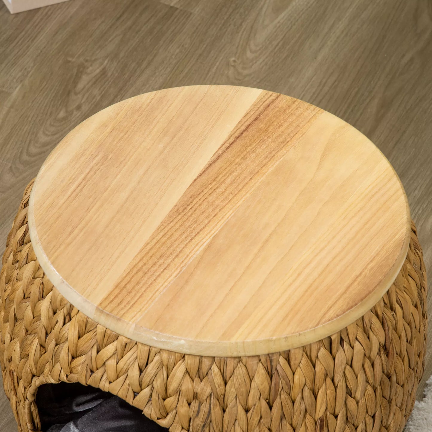 Pawhut Katės namelis iš vandens hiacinto žolės, skalbiama pagalvėlė, 44 cm x 43 cm x 42 cm Šviesiai ruda + Natūrali mediena + Pilka