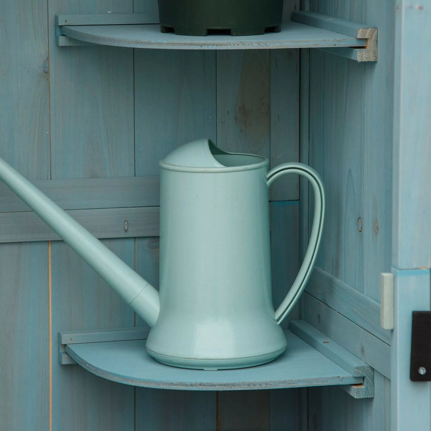 Medinė sodo spinta, lauko sandėliukas atsparus oro sąlygoms 77x54,2x179cm, įrankių namelis su durimis, šlaitiniu stogu, spinta įrankiams su lentynomis, sodui, terasai, šviesiai mėlyna+žalia