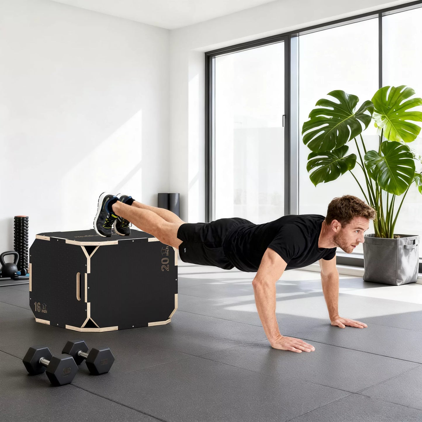 Šokinėti skirta dėžė, be kampų, fanera, reguliuojamas aukštis, šoninės rankenos, juoda