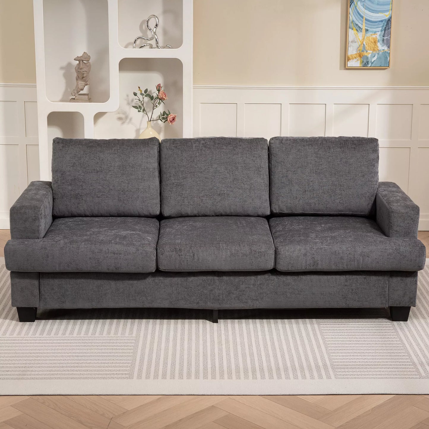 Trys vietų sofa, svetainės sofa trims asmenims, su audinio apmušalu, plieno rėmu, pilka