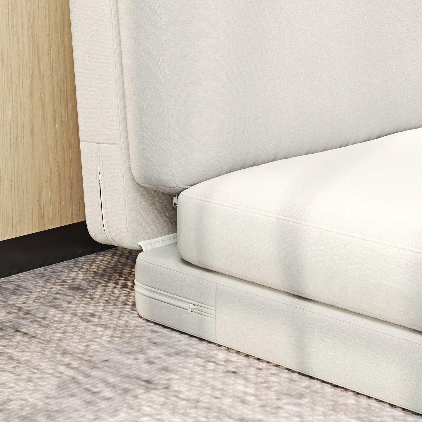 Sulankstoma kėdė ant grindų su pagalvėle, transformuojama į minkštą sofą, skirta svetainei, svečių kambariui, biurui, 75 x 268 x 18 cm, kreminės baltos spalvos