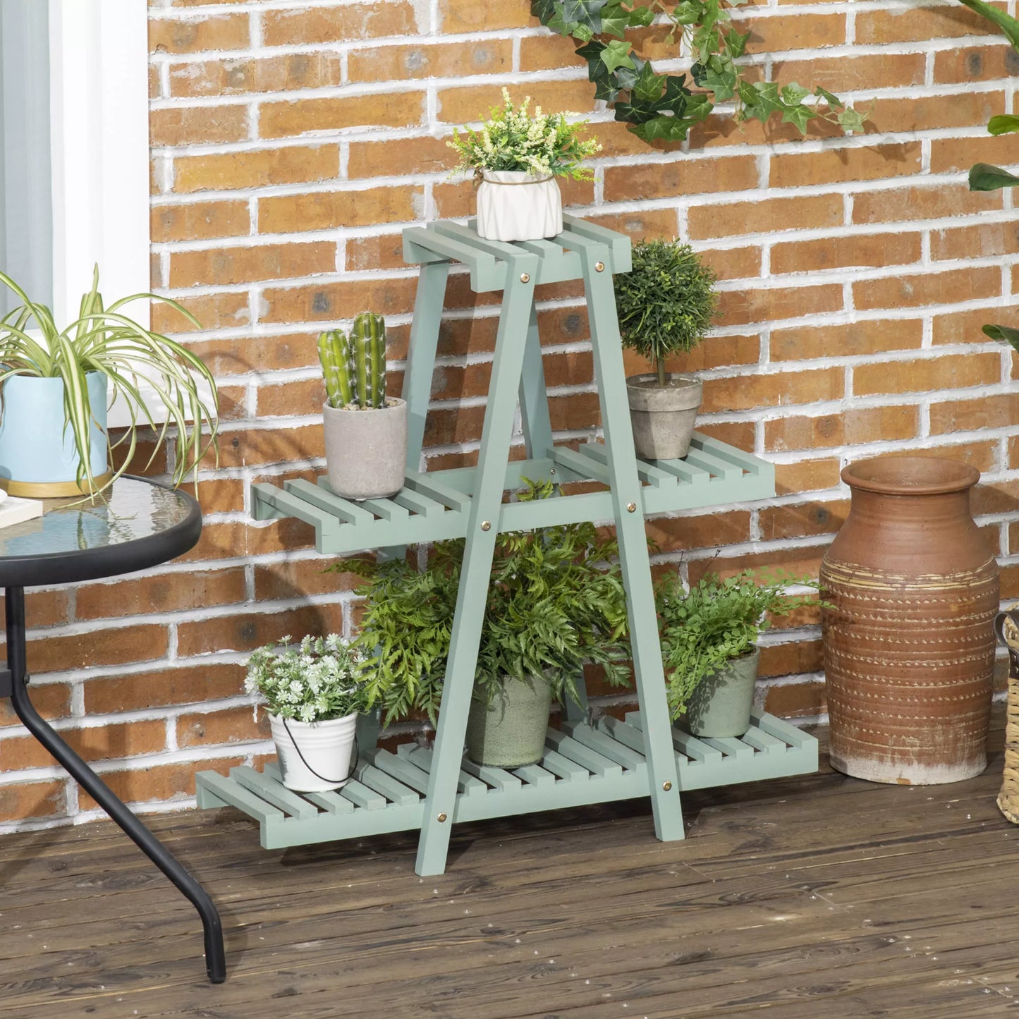 Augalų lentyna su 3 pakopomis, 6 vazonams, atspari oro sąlygoms, 76 cm x 26 cm x 76 cm, šviesiai žalia