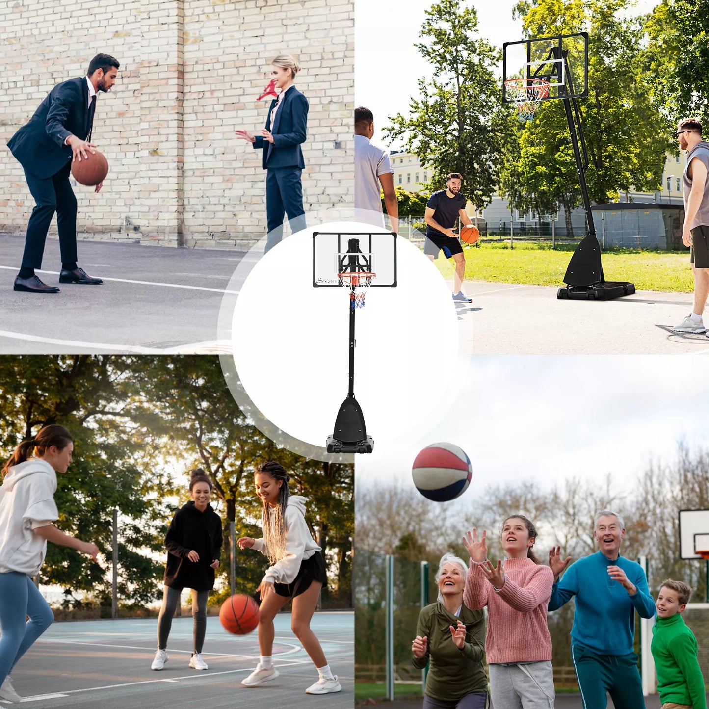 Krepšinio stovas, reguliuojamas krepšio aukštis 2,3–2,9 m, apatinė atraminė lenta, užpildoma bazė, raudona+juoda