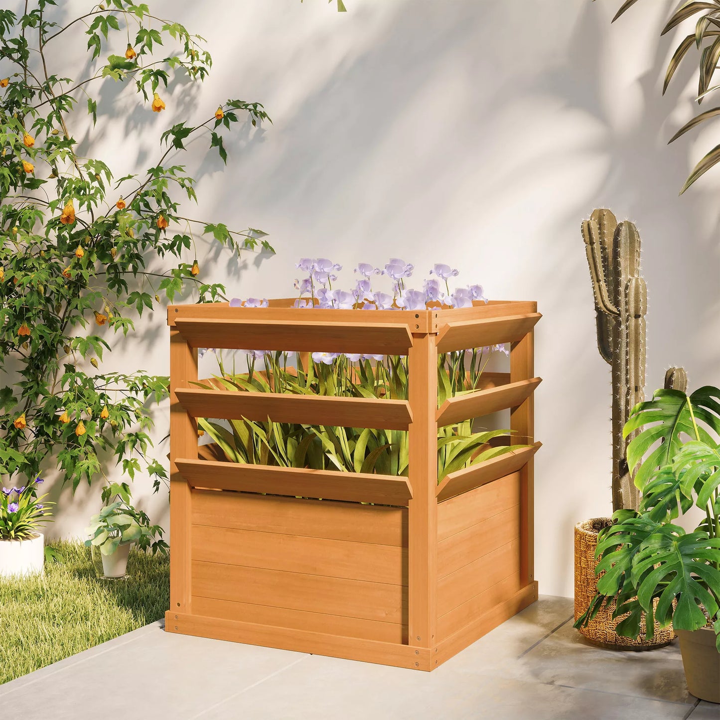 Pakeltas lysvas sodinimo dėžė su vijoklių atrama, vazonas medinis 65 x 65 x 60 cm karamelės rudumo