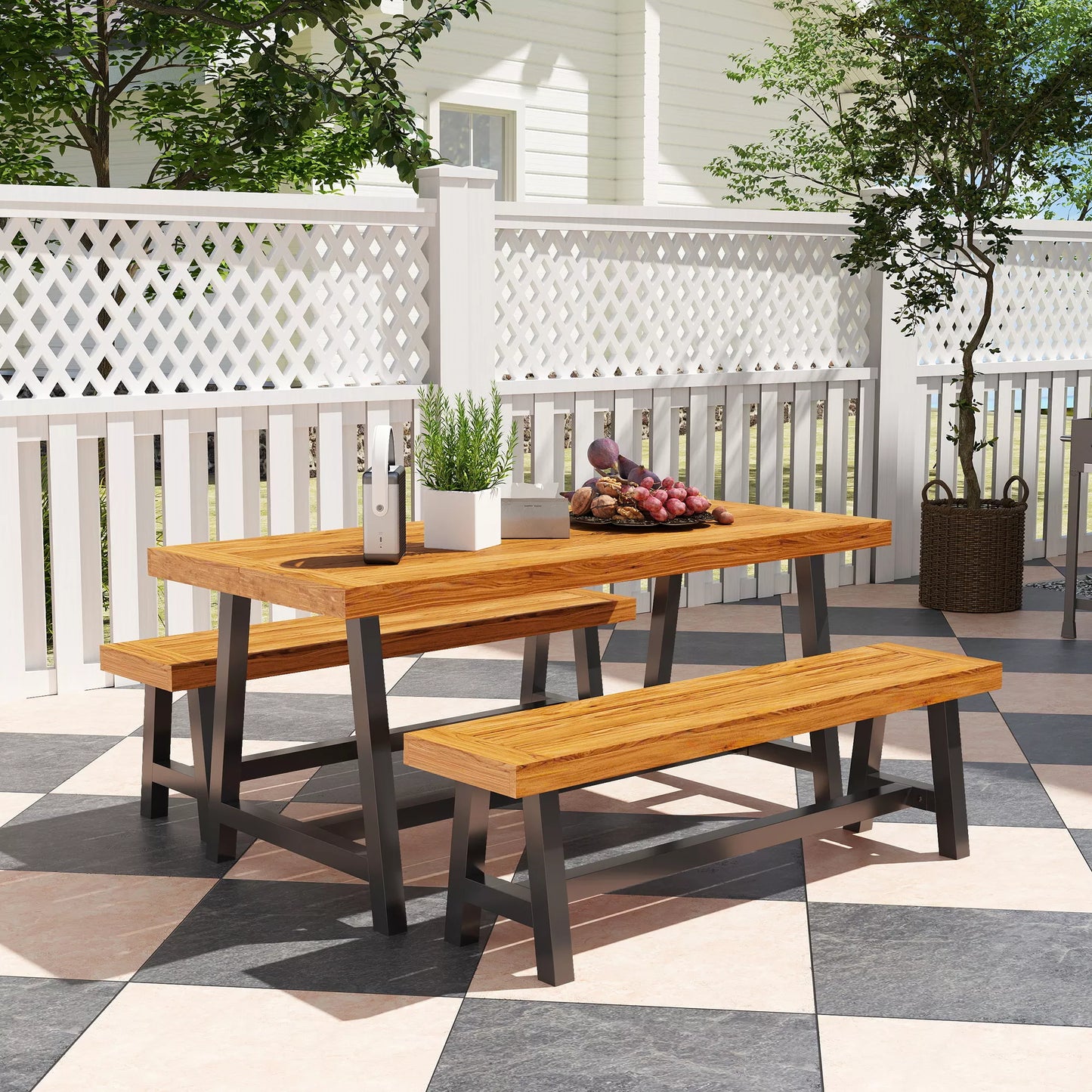 3 dalių medinė valgomojo grupė 4 asmenims Valgomojo stalas su 2 suolais Tiko mediena