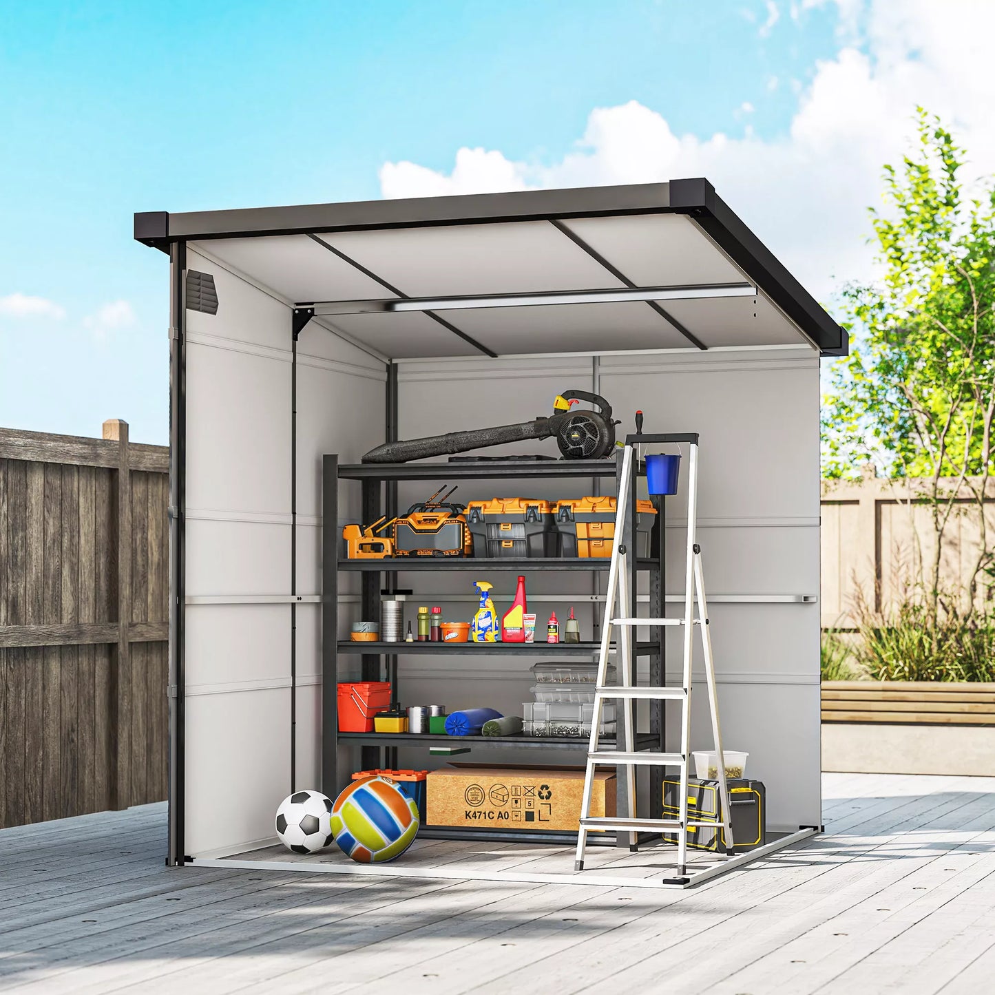 1,9 x 1,9 m sodo ir įrankių namelis iš plastiko, užrakinamos durys, 2 vėdinimo angos, tamsiai pilka