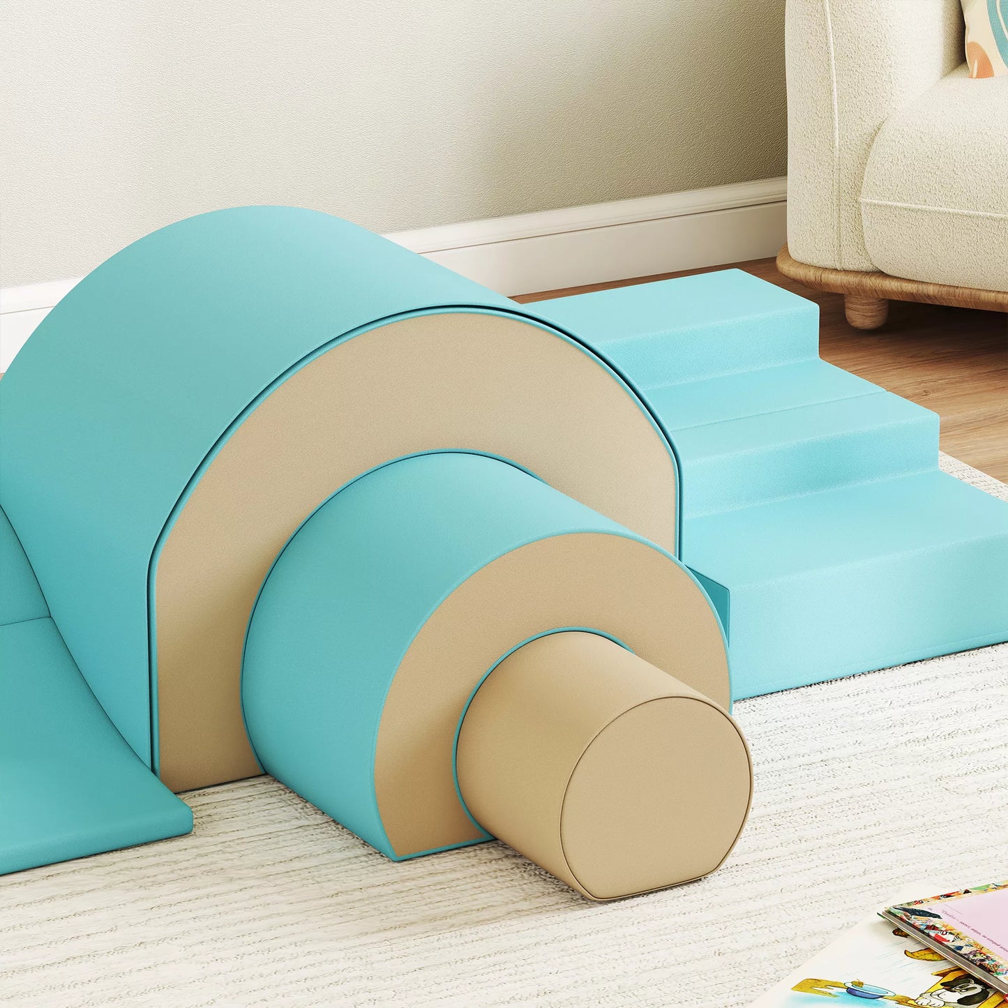 5 dalių minkštų blokelių rinkinys kūdikiams ir mažiems vaikams, putplastis, dirbtinė oda, 5 kūrybinės formos, vidaus rinkinys laipioti, ropinėti, žaisti, žalias