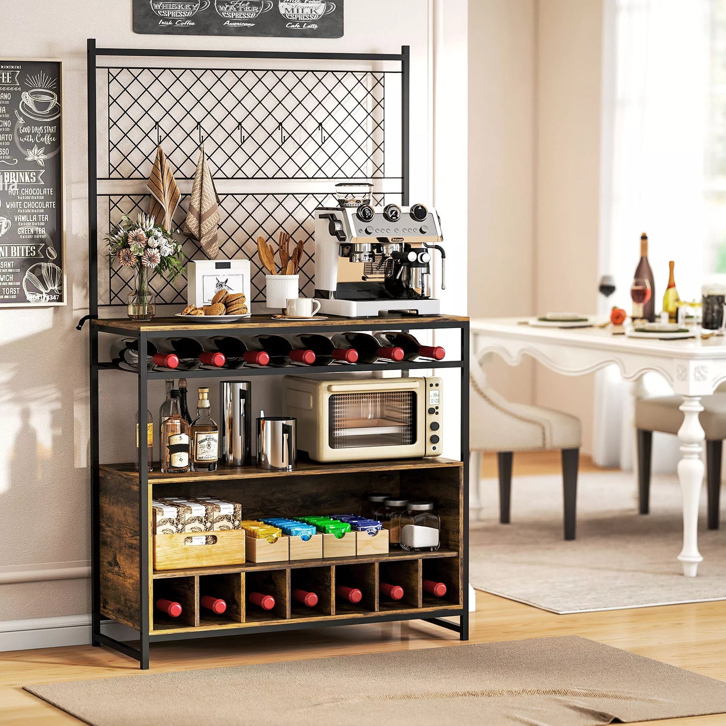 Virtuvės lentyna su darbo paviršiumi, metalinės grotelių plokštės, 5 kabliukai, virtuvės spintelė prieskoniams, puodams, keptuvėms, ruda