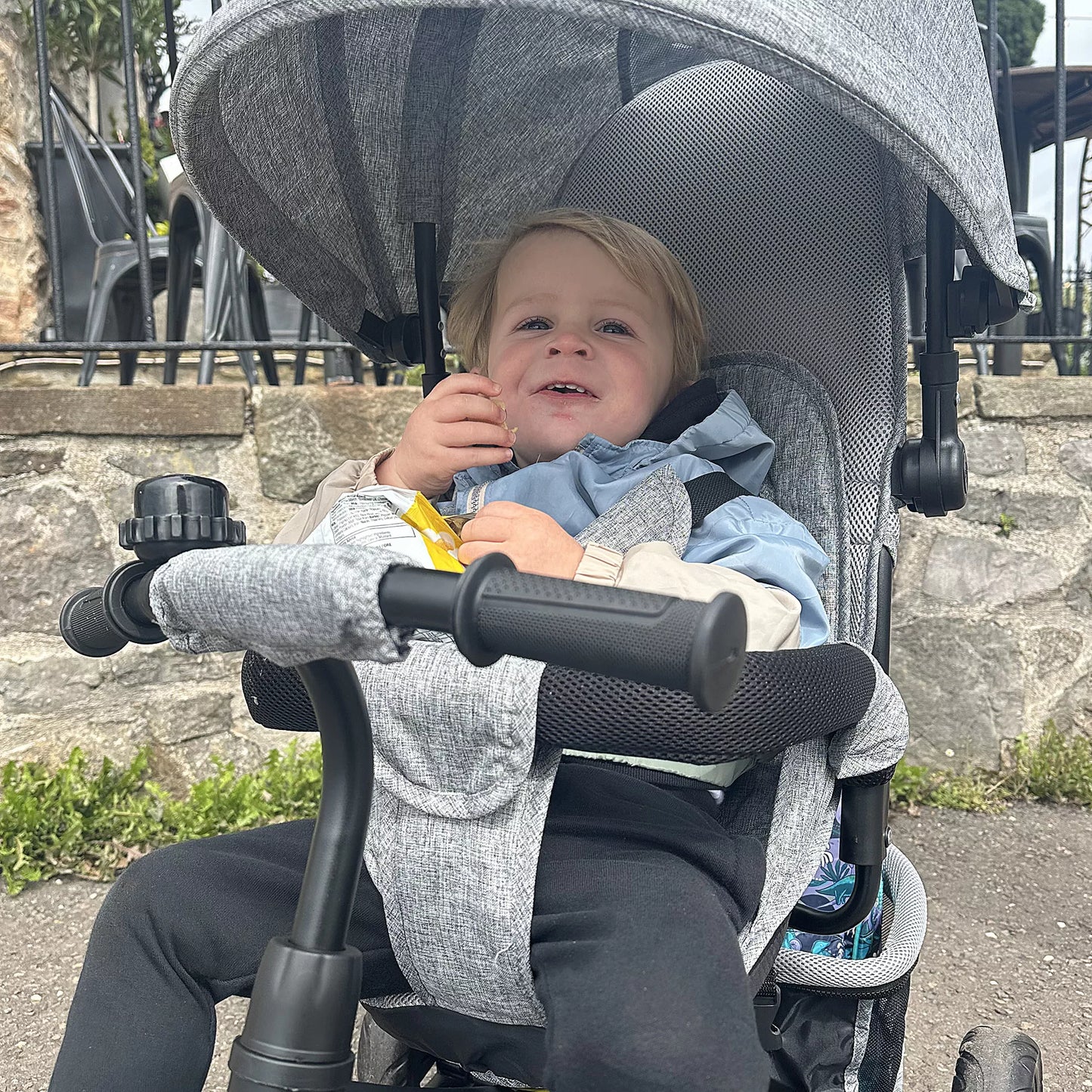 Vaikų triratukas, vaikiškas dviratukas, galinis krepšys, puodelio laikiklis, stogelis nuo saulės, metalinis, pilkas