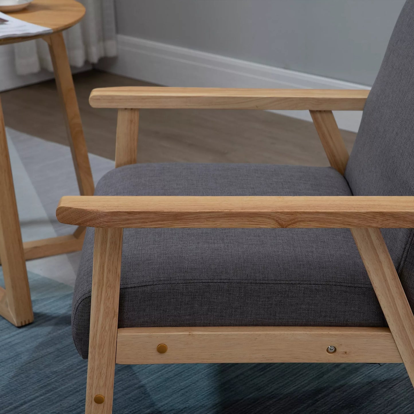 Fotelis skandinaviško dizaino, akcentinis fotelis, medžio masyvas, lininė išvaizda, 64 cm x 70 cm x 72 cm, pilkas + natūralus