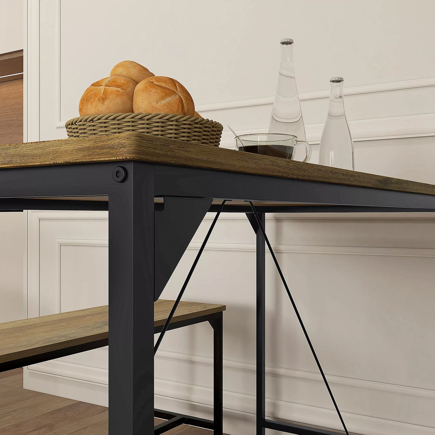 Valgomojo baldų komplektas, Stalas ir 2 suolai, Industrialinis dizainas, Plieno rėmas, Medžio imitacija/Juoda