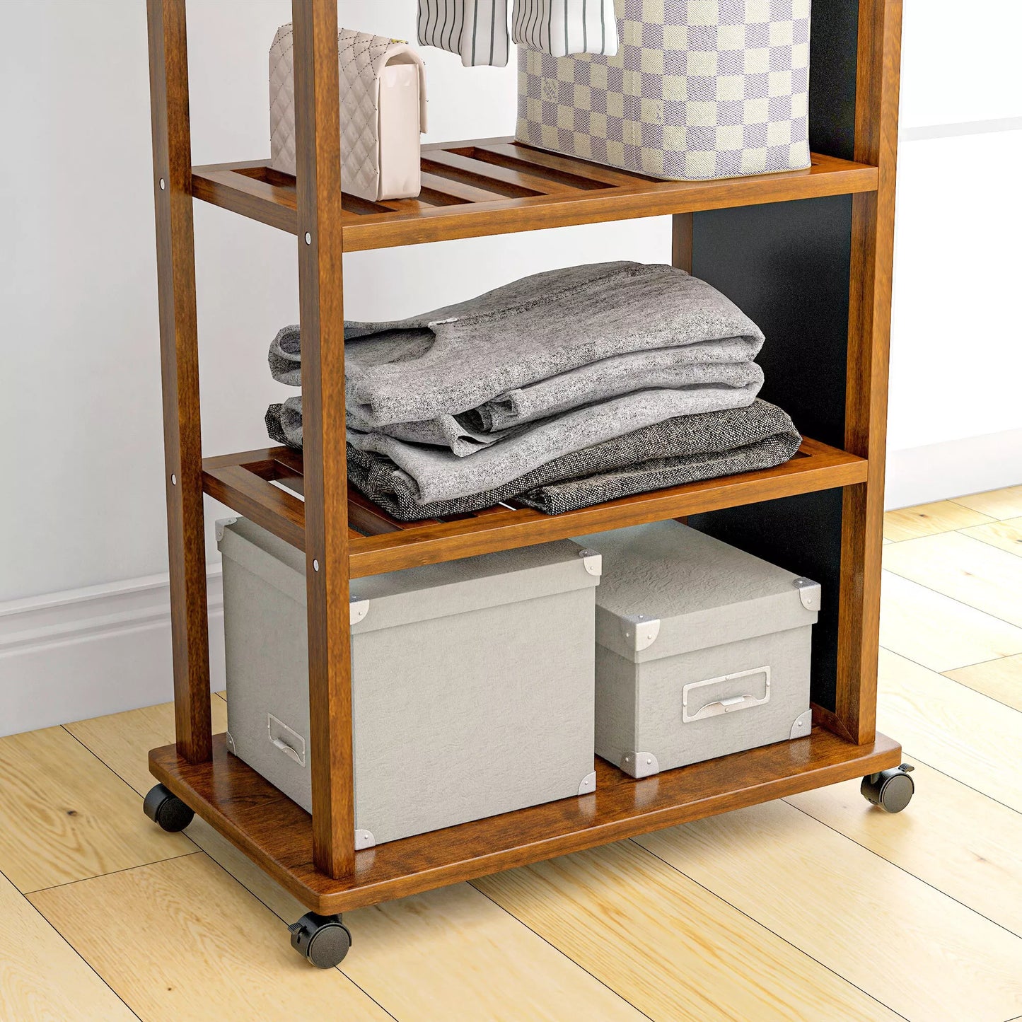 2-in-1 Veidrodis su Drabužine, Viso Kūno Veidrodis, 1 Kabykla, 3 Lentynos, 35,8 x 59,8 x 170 cm, Natūralus