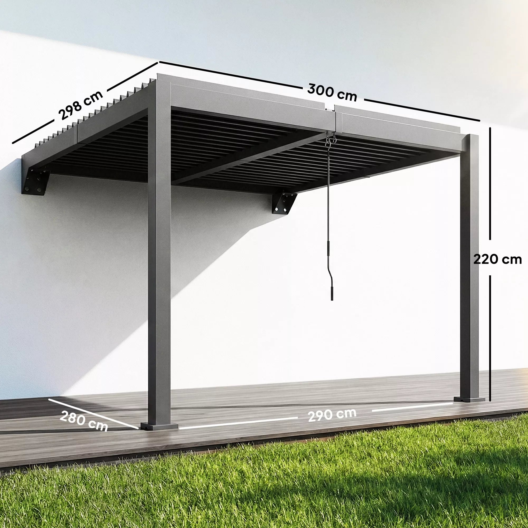 Pergola, apie 3x3 m, aliuminio terasos stogas su reguliuojamu lamelių stogu, montuojamas prie sienos, tamsiai pilkos spalvos