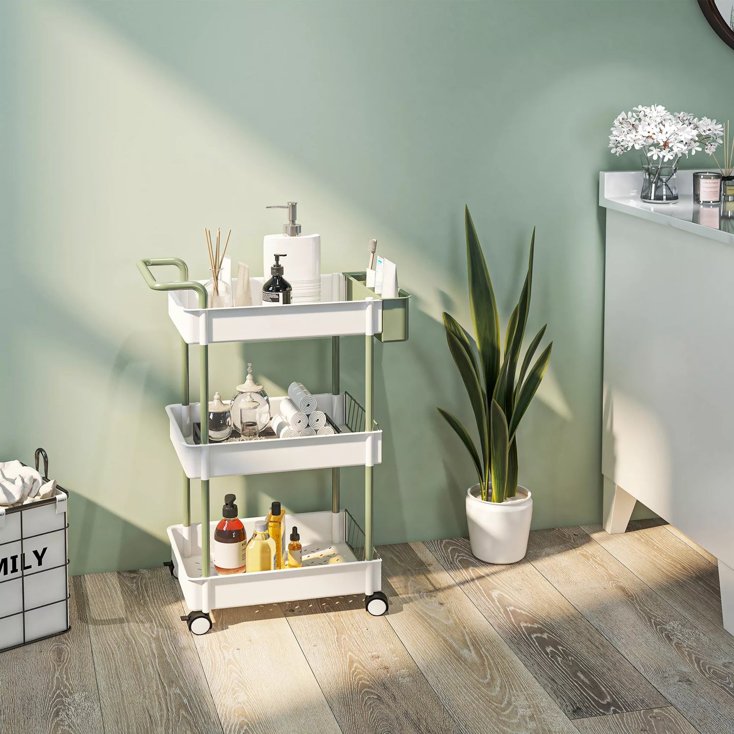 Vežimėlis, 3 lentynos, pakabinamas krepšys, stumdoma rankena, 4 ratukai, metalo rėmas, baltas, 50 x 29,4 x 77cm