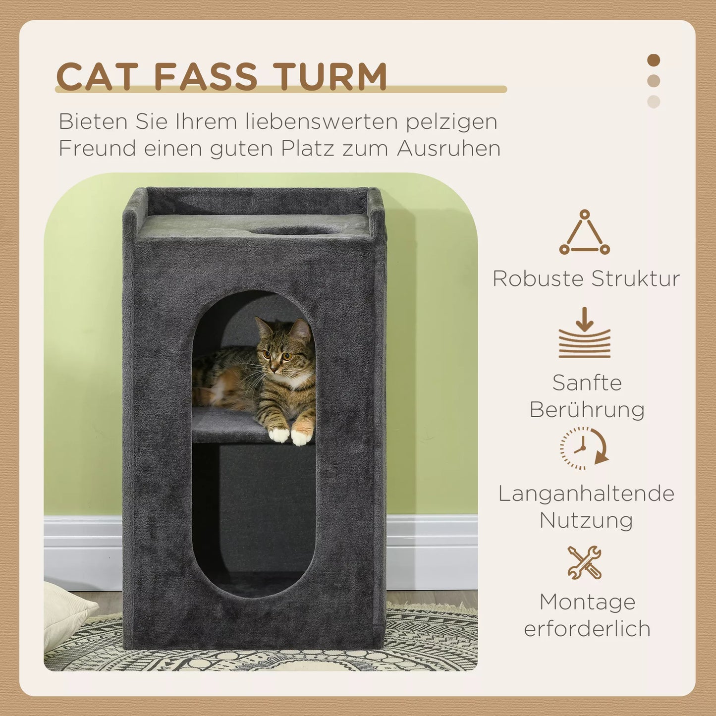 PawHut draskomasis bokštelis su 2 kačių guoliais, 1 ilsėsiu, sizaline draskomąja kilimėliu, pliušu, pilka + natūrali