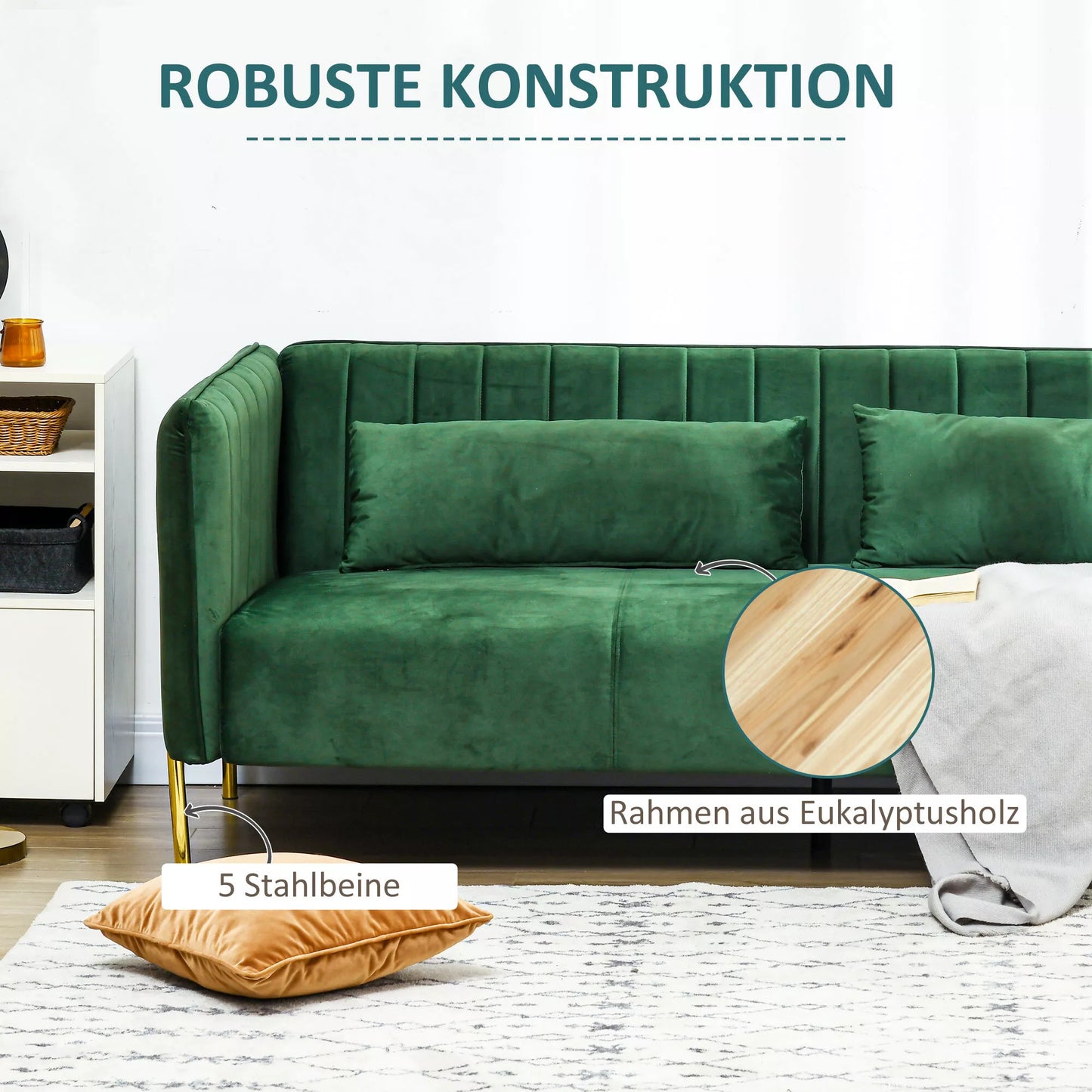 Trivietė sofa-lova, 2 pagalvėlės, aksominė išvaizda, retro dizainas, nuimamas užvalkalas, 195 cm x 88 cm x 76 cm, žalia