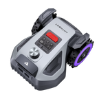 Vejų roboto valdymo skydelis iš arti su apvaliu jutiklio mazgu ir violetiniu rato apšvietimu