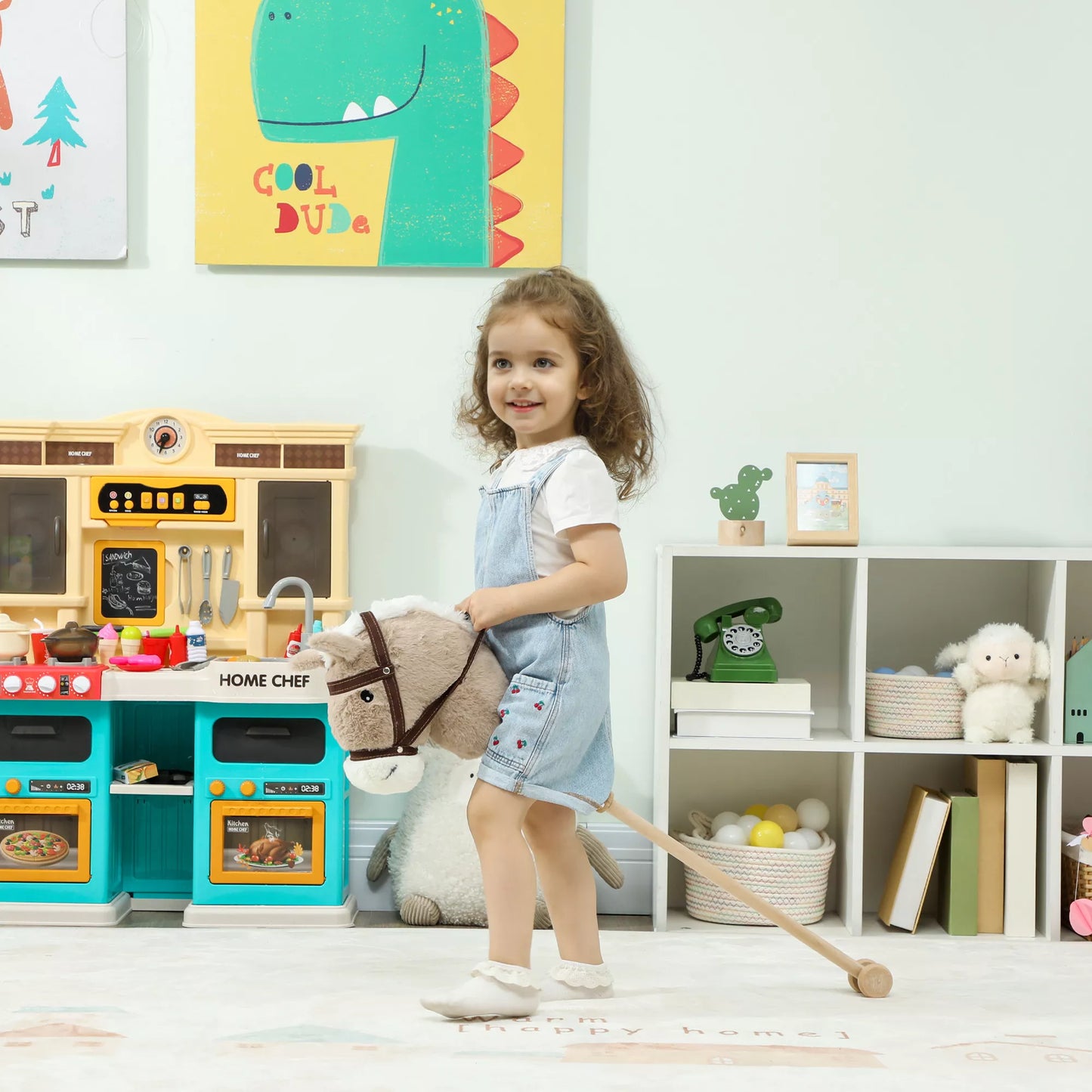 Arkliukas ant pagaliuko vaikams, su garsu, ratukais, žaidimų arkliukas jodinėjimui, skirtas vaikams nuo 24 mėnesių, pilkos spalvos