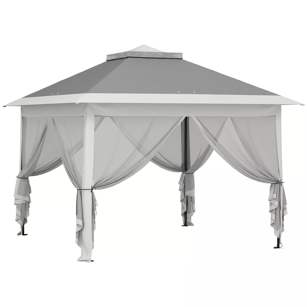 Sulankstoma pilka pavėsinė, greitai surenkama sodo pavėsinė su tinklinėmis užuolaidomis, metalas ir poliesteris, 330x330x288 cm