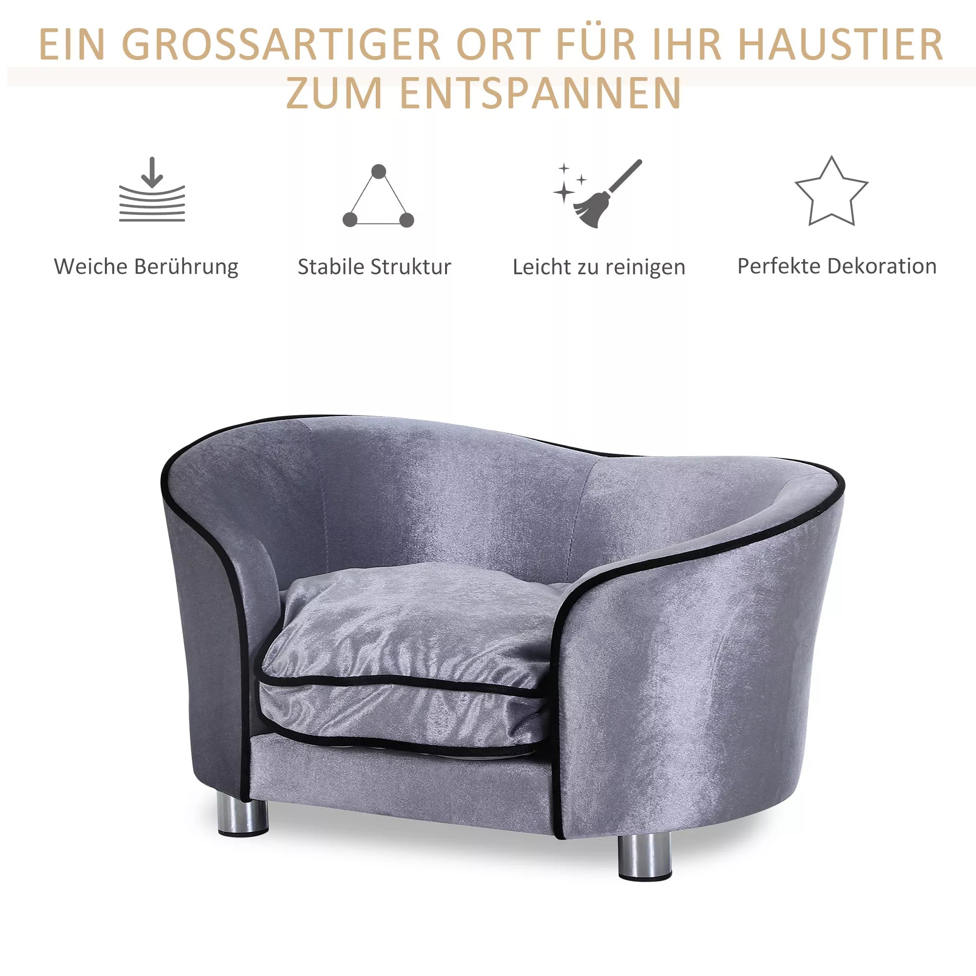 Šunų sofa, šunų lovelė, plaunamas sėdimoji pagalvėlė, pliušinis užvalkalas, natūralaus medžio rėmas, šviesiai pilkos spalvos, 69 x 49 x 38 cm