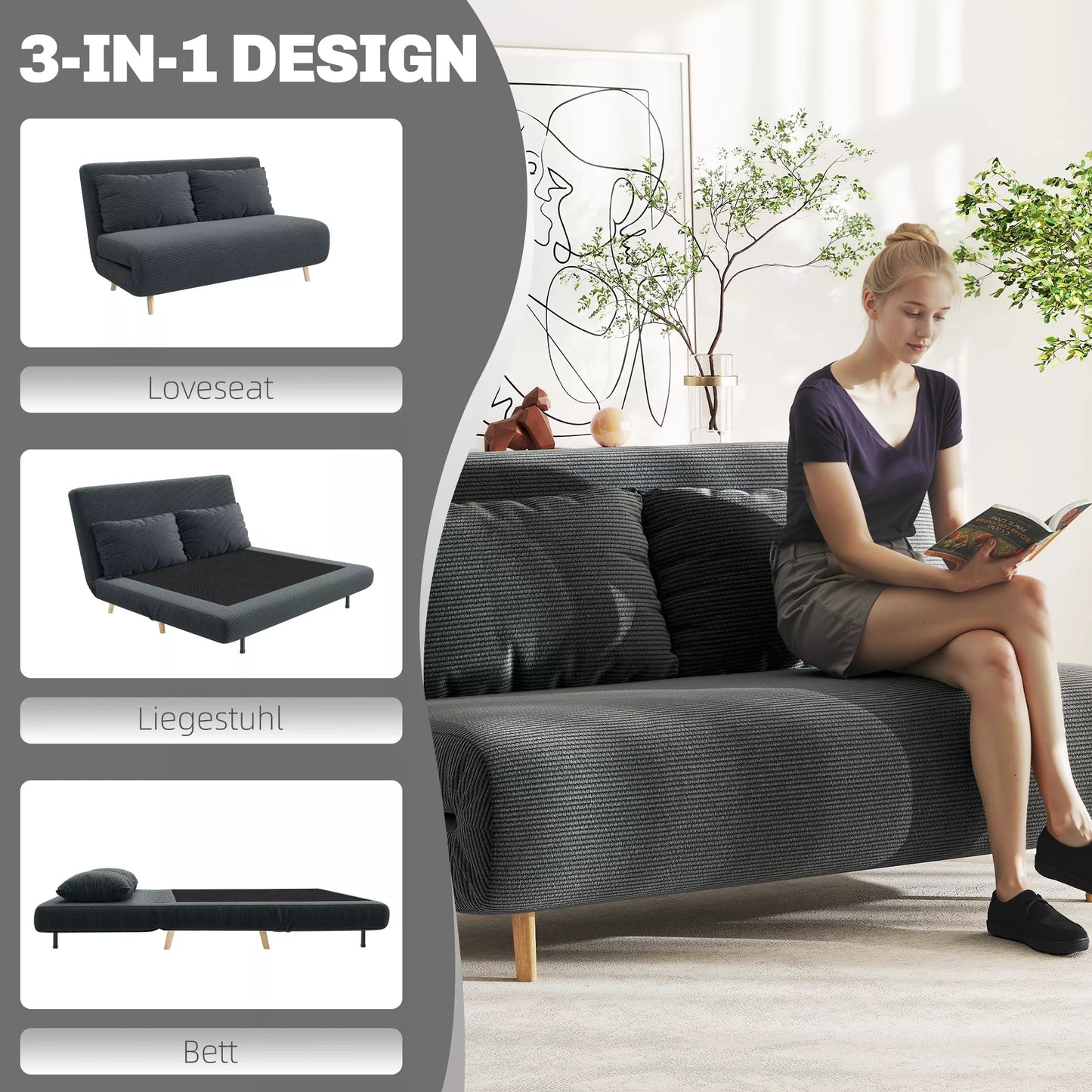 Miegamoji sofa-lova, svečių lova, 3 padėtimis reguliuojama atlošas, virvutės raštas, iki 120 kg, 141 x 90 x 81 cm, tamsiai pilka