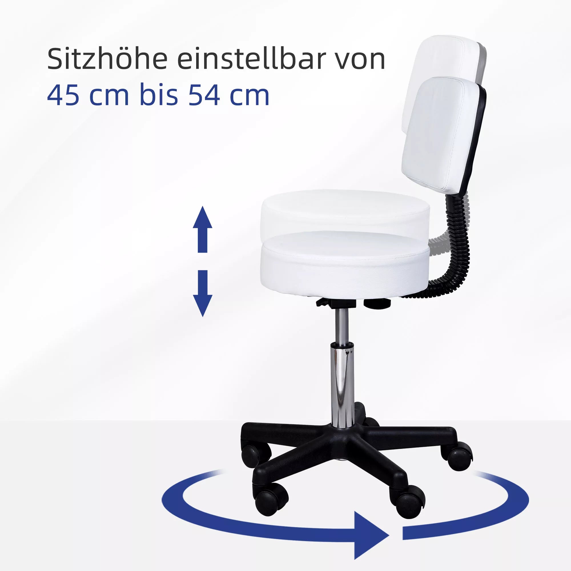 Reguliuojamo aukščio sukamasis taburetė su atlošu Sukamasis taburetė 72–84 cm Darbinis taburetė, sukasi 360° Biuro taburetė biurui, salonui, masažui, SPA Balta