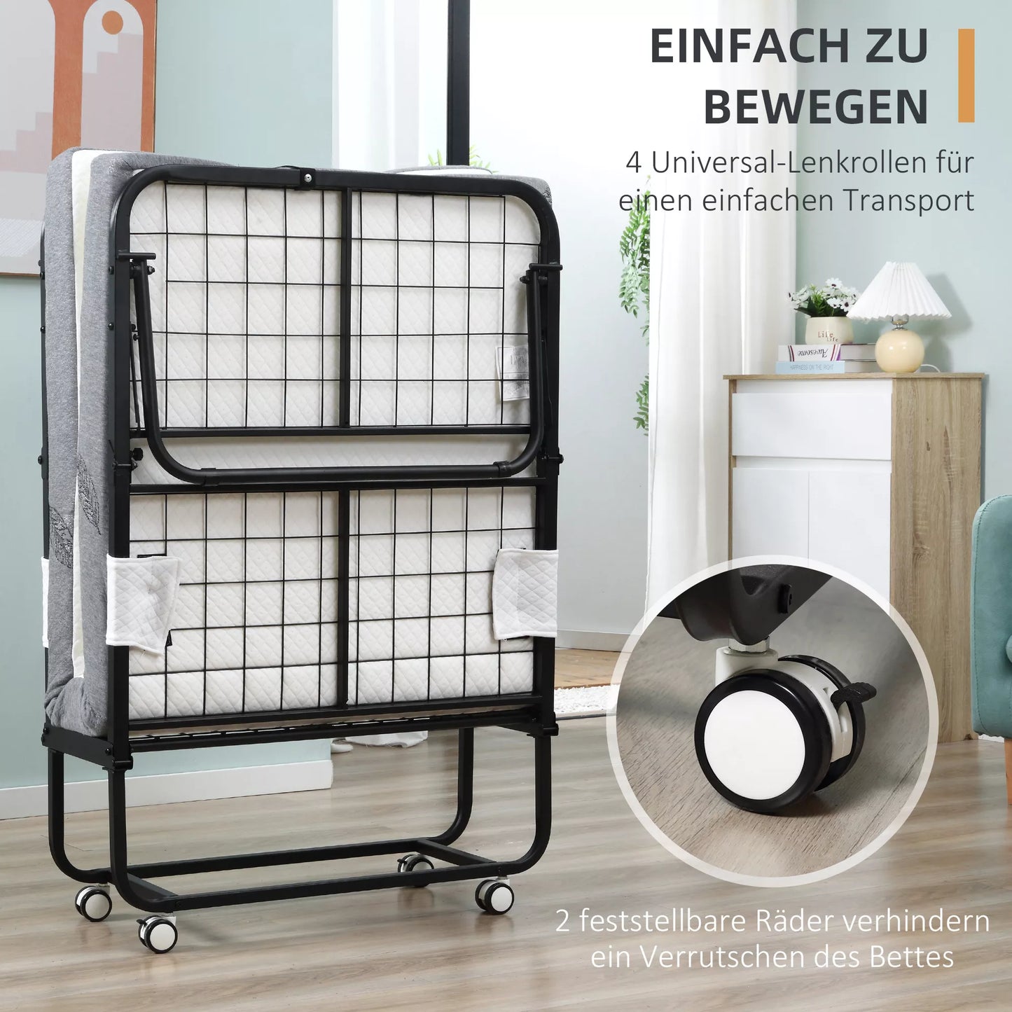 Sulankstoma lova 80x200 cm suaugusiems, sulankstoma svečių lova su 10 cm storiu putplasčiu, kelioninė lova su plieniniu rėmu, lauko lova su ratukais, atlaiko iki 150 kg, vienvietė lova