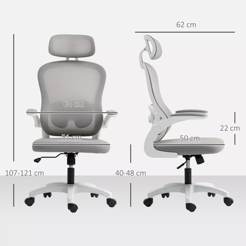Ergonomiška biuro kėdė su tinklinės medžiagos atlošu, reguliuojamo aukščio, sulankstomais porankiais, 5 ratukais, sūpynės funkcija, pilkos spalvos