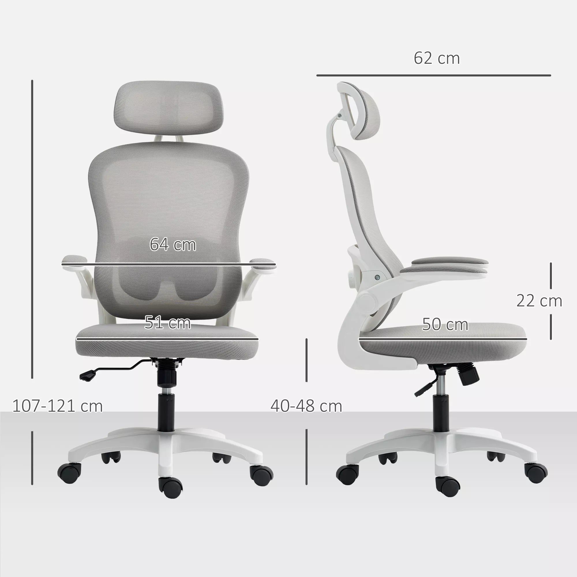 Ergonomiška biuro kėdė su tinklinės medžiagos atlošu, reguliuojamo aukščio, sulankstomais porankiais, 5 ratukais, sūpynės funkcija, pilkos spalvos
