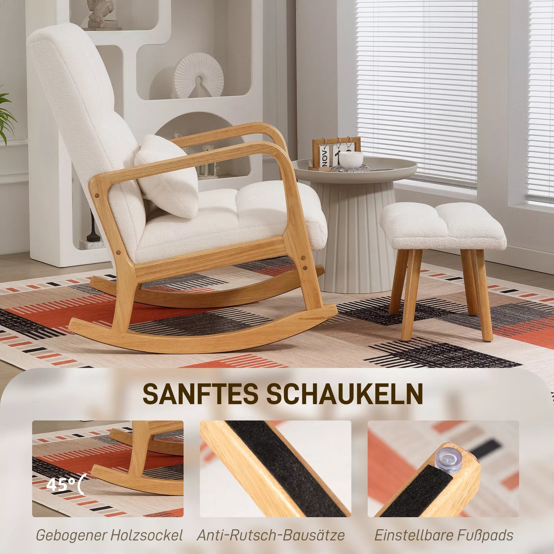 Sūpynės kėdė su pėdų atrama, vilnonis apmušalas, aukšta atlošimo dalis, medinės kojos, pėdų pagalvėlės, balta spalva