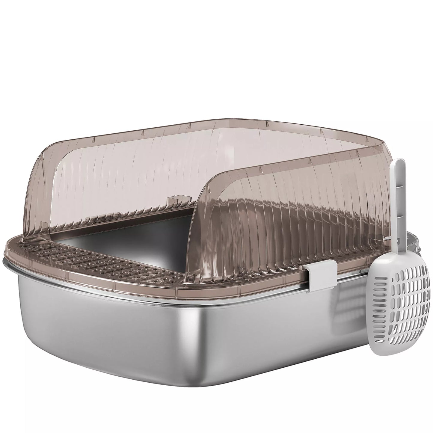 Katės tualetas iš nerūdijančio plieno, katės tualetas su aukštu kraštu, vonia, su kastuvu, skirtas didelėms katėms, 53x42x27 cm, anglies pilkos spalvos